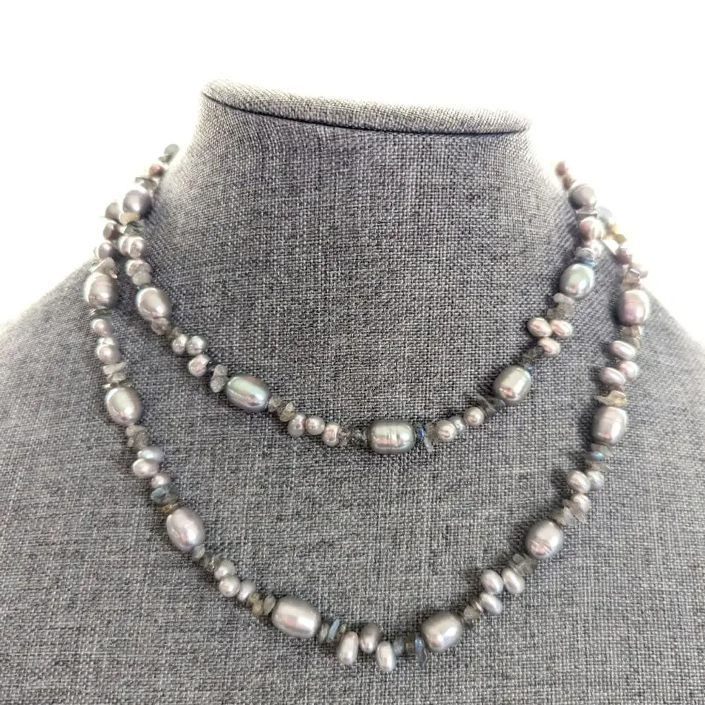 Stunning Silver Freshwater Pearl Quartz Chip Long Sterling Silver Clasp Necklace